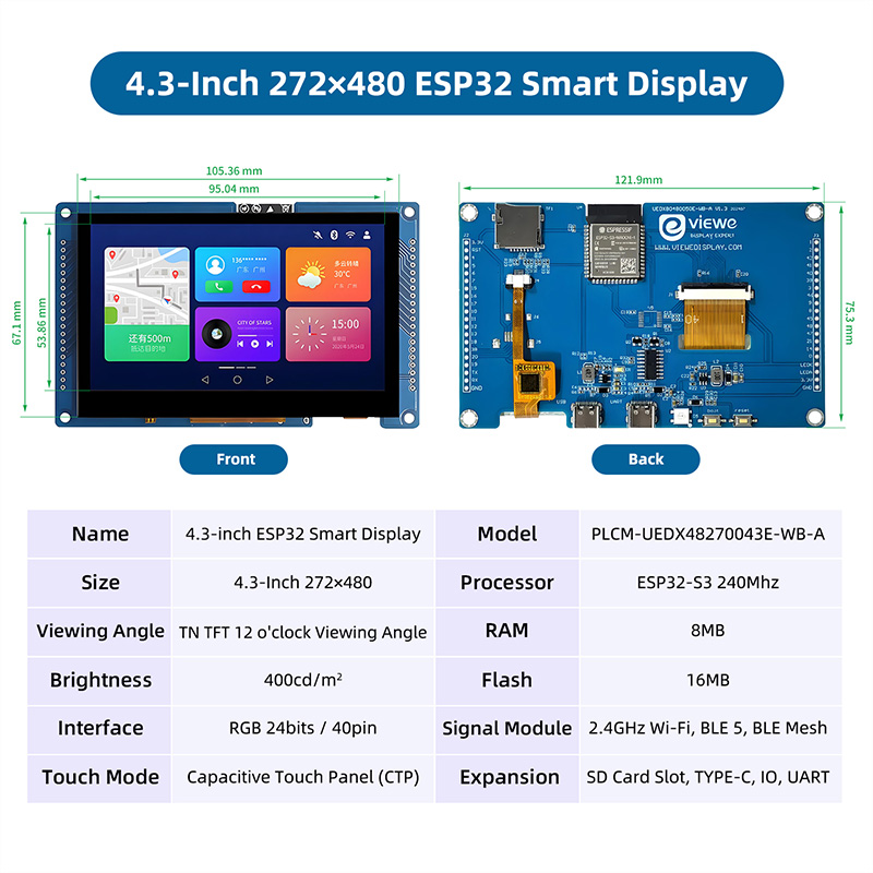 ESP32 S3 4.3인치 480*272 정전식 터치  - Esp32 P4 리뷰 및 가격